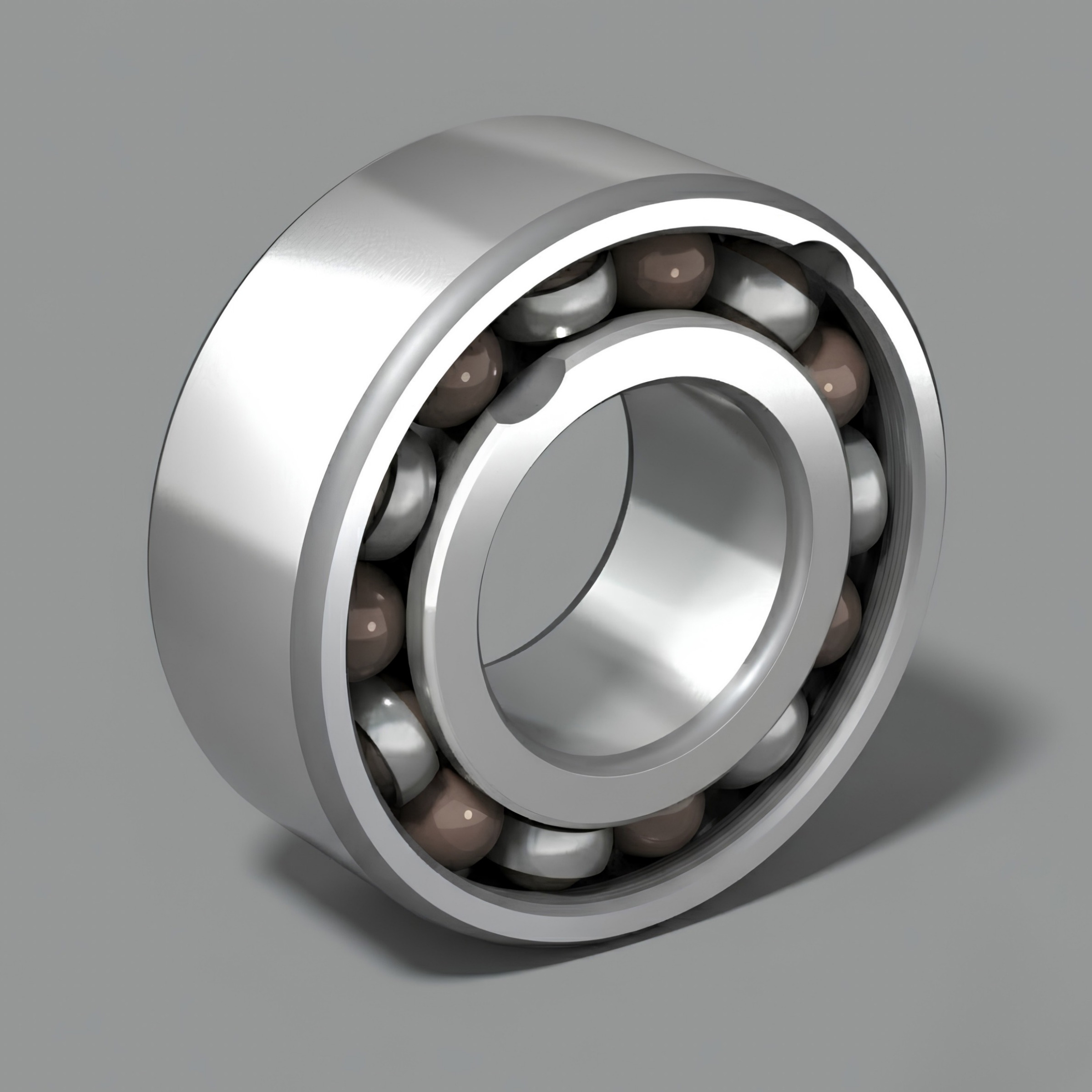 Full-complement deep-groove ball bearing with loading slots and alternating steel and bronze balls.