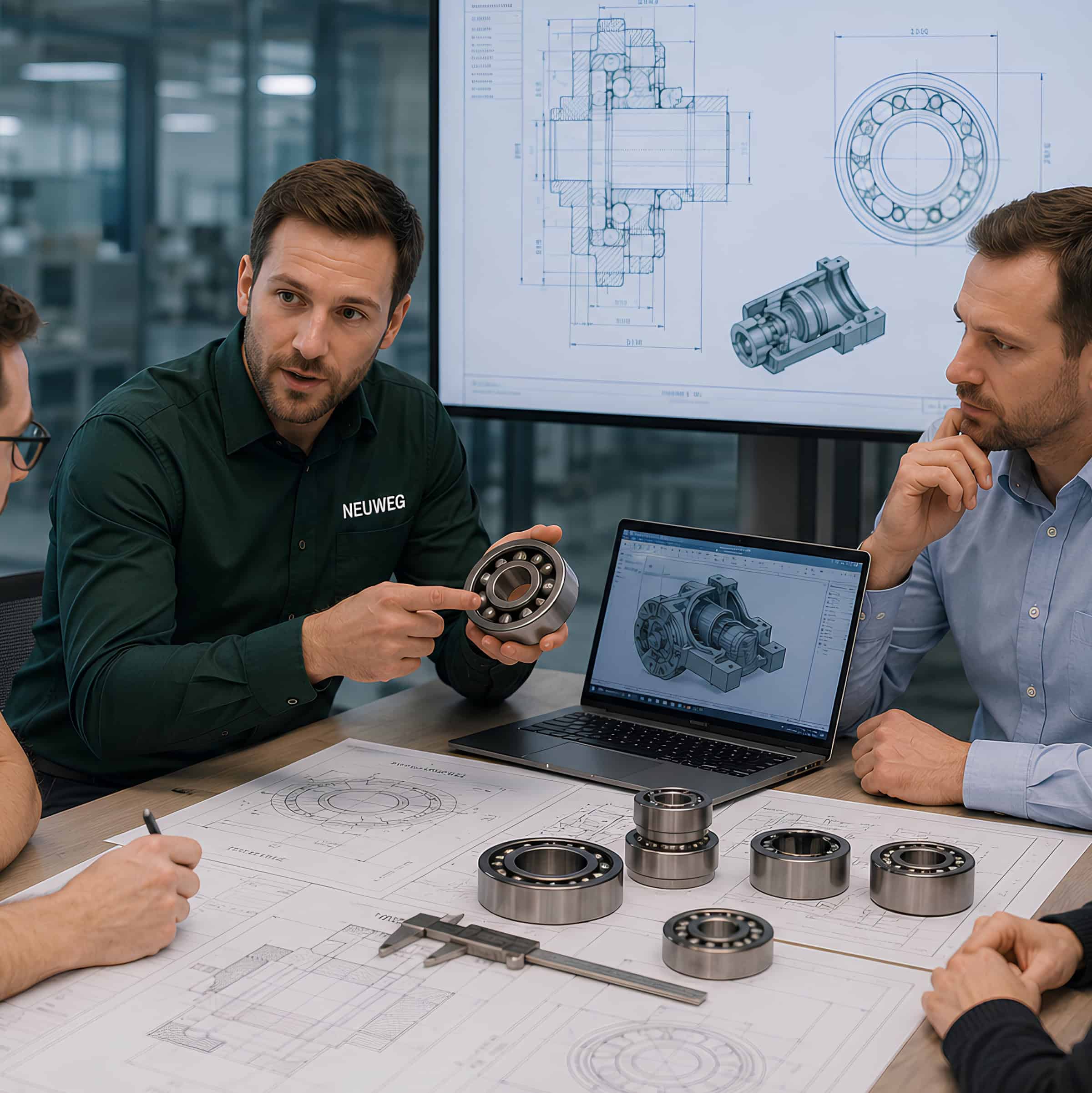 Neuweg engineering team collaborating on bearing design using CAD and technical software.