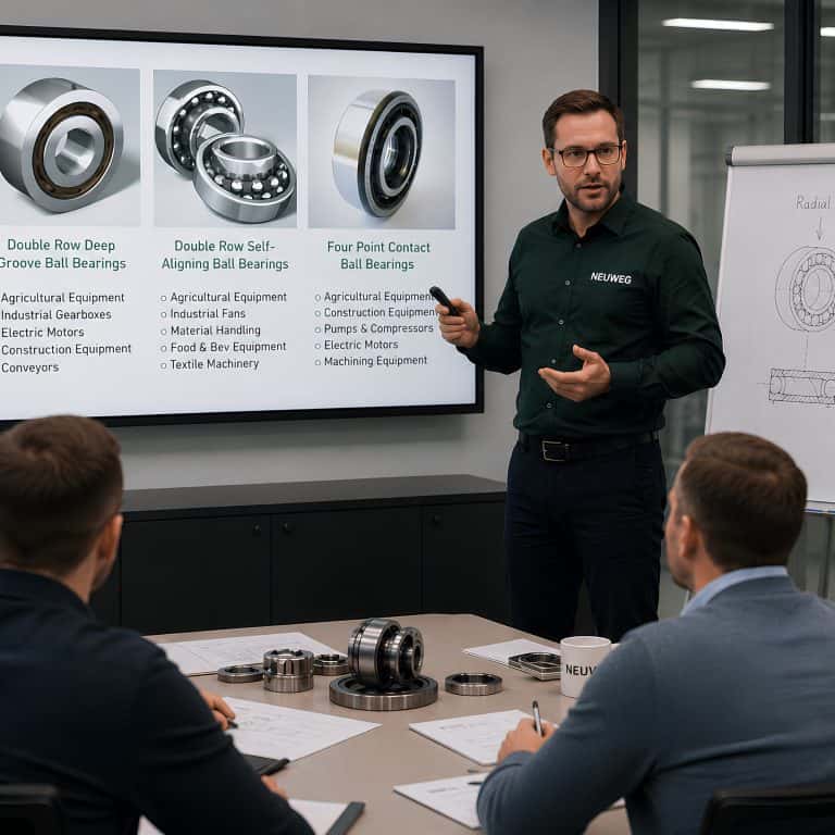 Neuweg technical training session with instructor presenting bearing information to trainees.