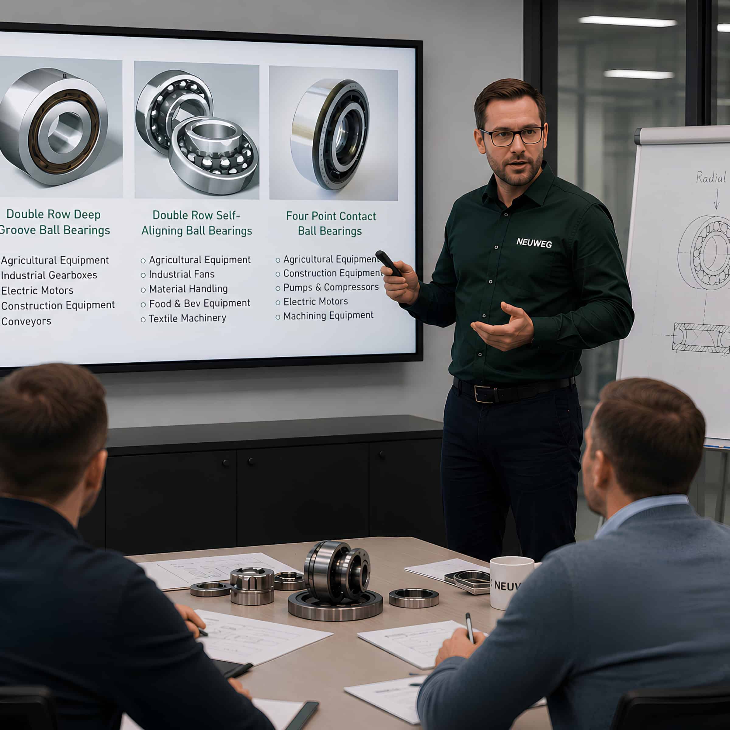 Neuweg technical training session with instructor presenting bearing information to trainees.