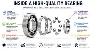 Exploded-view infographic of a high-quality bearing showing steel, heat treatment, raceway geometry, grinding, sealing and lubrication